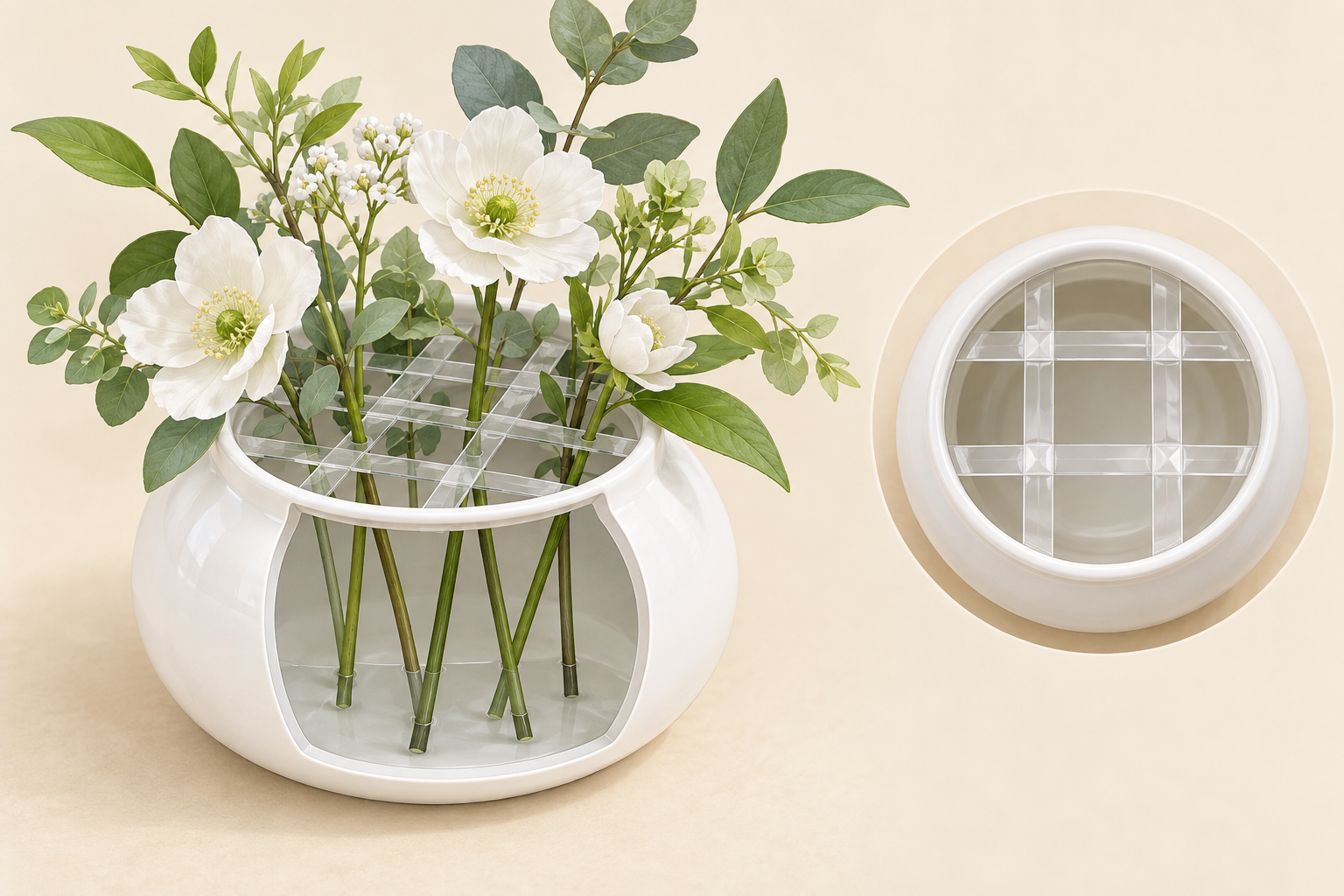 花瓶の口にテープの格子を作り茎を支える仕組みのイラスト