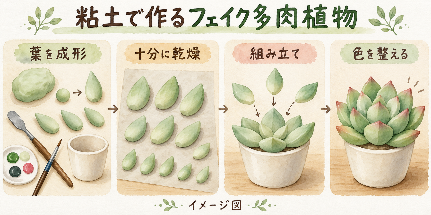 粘土で葉を成形し乾燥・組み立て・着色するイメージ図