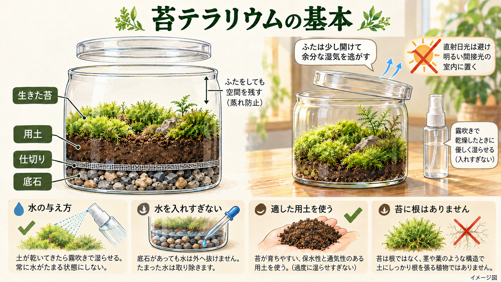 生きた苔を入れた容器の構造と水分管理を説明するイメージ図